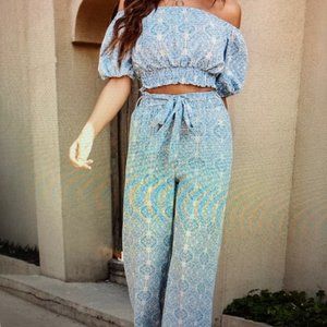 Geo Print Shirred Top & Belted Pants